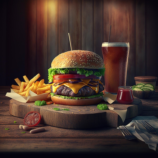 Fresh tasty double hamburger with fries on black background