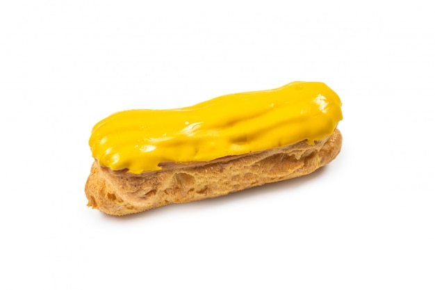 Fresh tasty eclairs isoalted on white background. Top view.