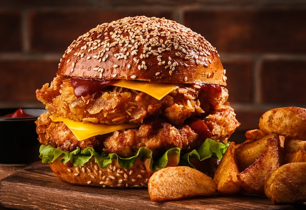 Photo fresh tasty homemade burger on wooden table.