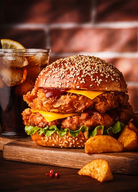 Fresh tasty homemade burger on wooden table.