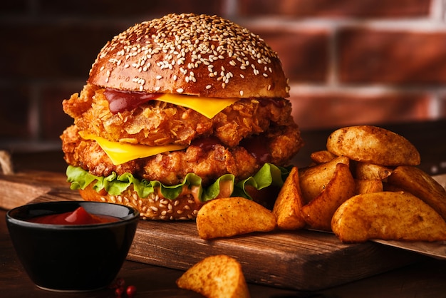 Fresh tasty homemade burger on wooden table.