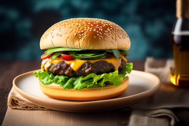 fresh tasty homemade burger on wooden table