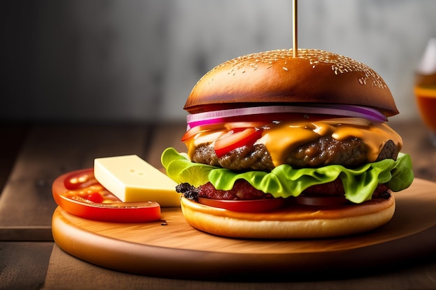 fresh tasty homemade burger on wooden table