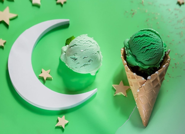가 가지와 녹색 배경 달과 별에 신선한 맛있는 아이스크림 볼 민트
