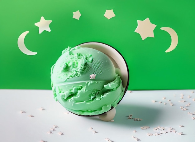 Fresh tasty ice cream ball mint on withe and green background moon and stars