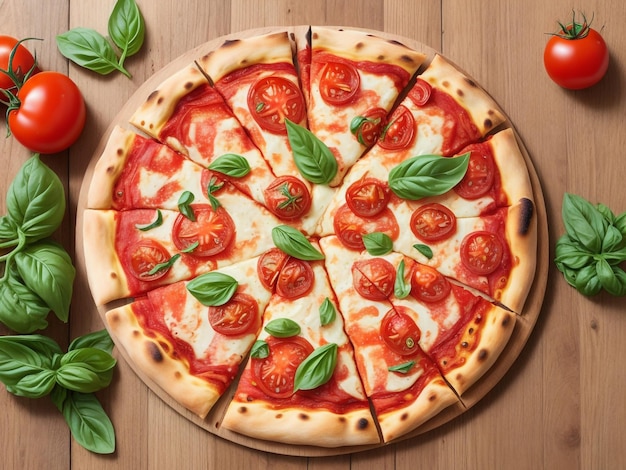 Fresh tasty pizza Margarita and tomatoes on wooden background