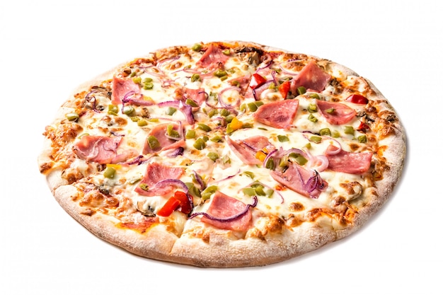 Fresh tasty pizza with cheese, paprika, ham and mushrooms isolated on white 