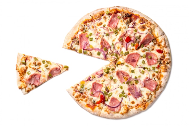 Fresh tasty pizza with cheese, paprika, ham and mushrooms with separate slice isolated on white .