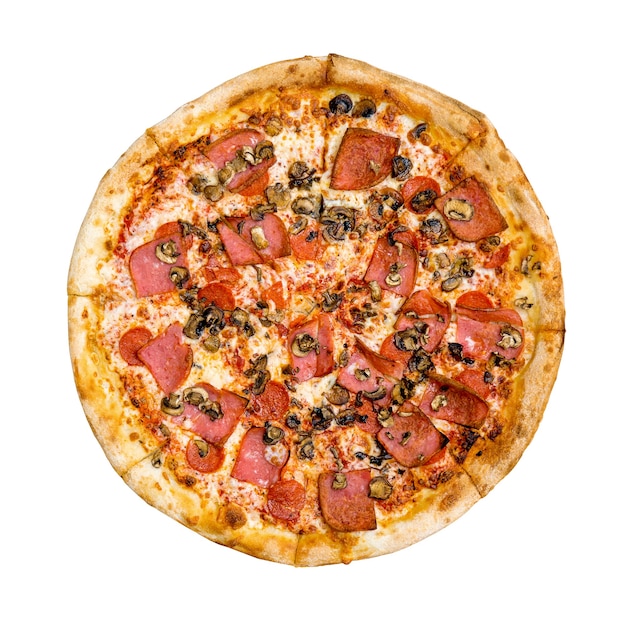 Fresh tasty pizza with pepperoni, ham and mushrooms isolated on white background. Top view.