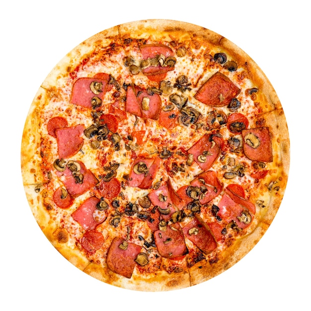 Fresh tasty pizza with pepperoni, ham and mushrooms isolated on white background. Top view.