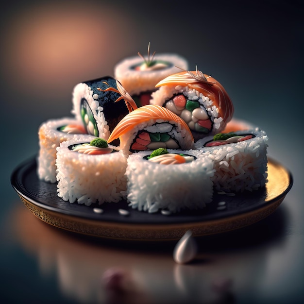 Fresh and tasty sushi on the serving plate studio photo background generative AI