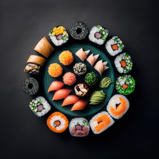 Photo fresh and tasty sushi on the serving plate studio photo background generative ai