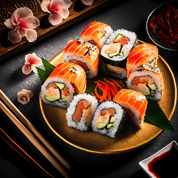 Foto sushi fresco e gustoso sul piatto da portata sfondo fotografico in studio ai generativa