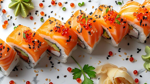 Fresh tasty sushi on a white background