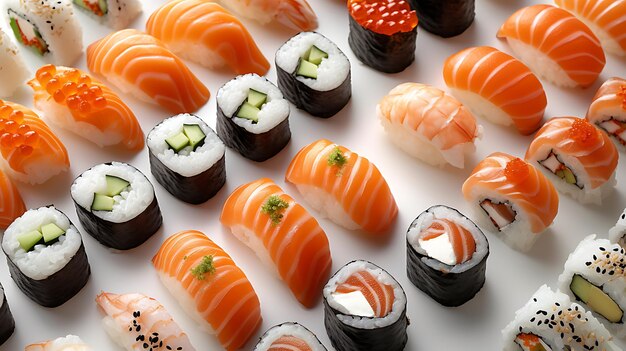 Fresh tasty sushi on a white background