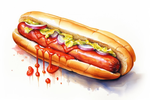 Fresh tasty watercolor hot dog on white background