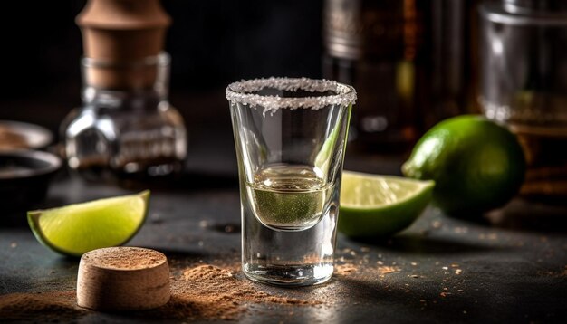 Fresh tequila shot with lime garnish on rustic wooden table generated by artificial intelligence