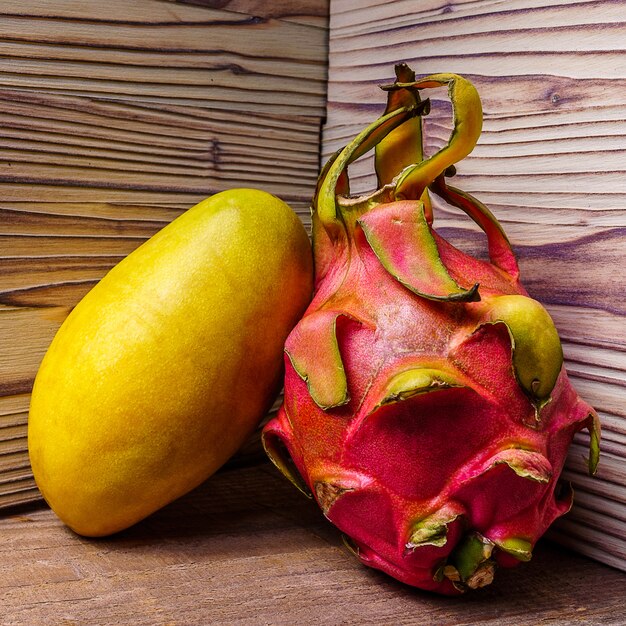 Fresh Thai fruit on wooden table. 