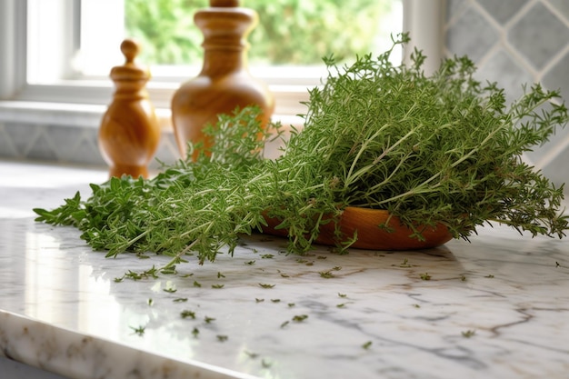 Fresh thyme sprigs on a marble countertop created with generative ai