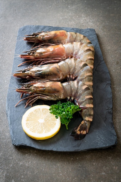 fresh tiger prawn or shrimp on black board
