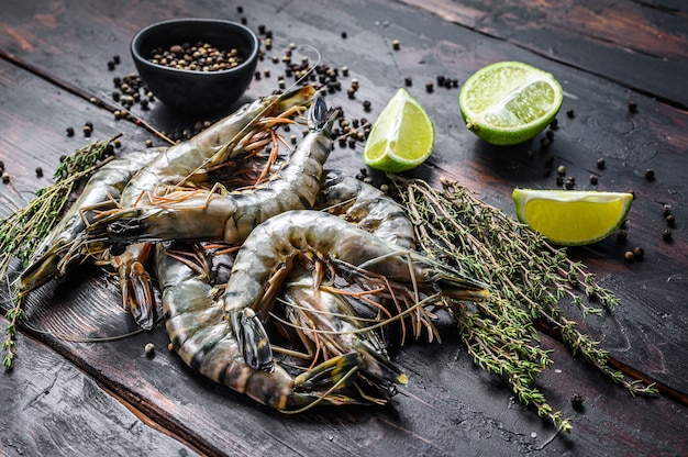 Fresh tiger shrimps, prawns with spices and herbs