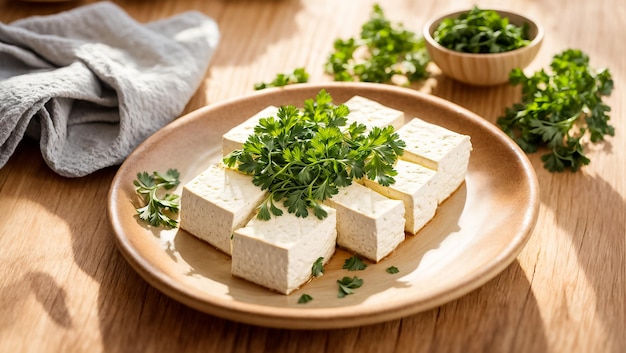 Fresh tofu cheese with parsley in the kitchen