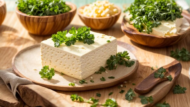 Photo fresh tofu cheese with parsley in the kitchen