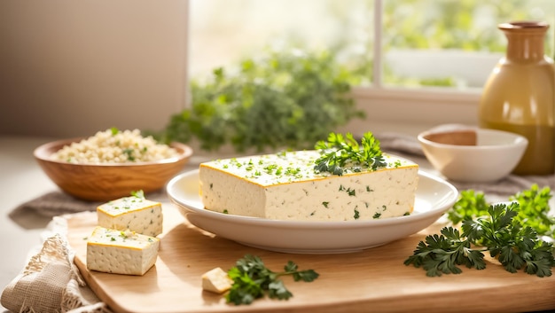 Photo fresh tofu cheese with parsley in the kitchen