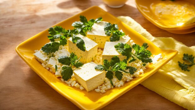 Photo fresh tofu cheese with parsley in the kitchen