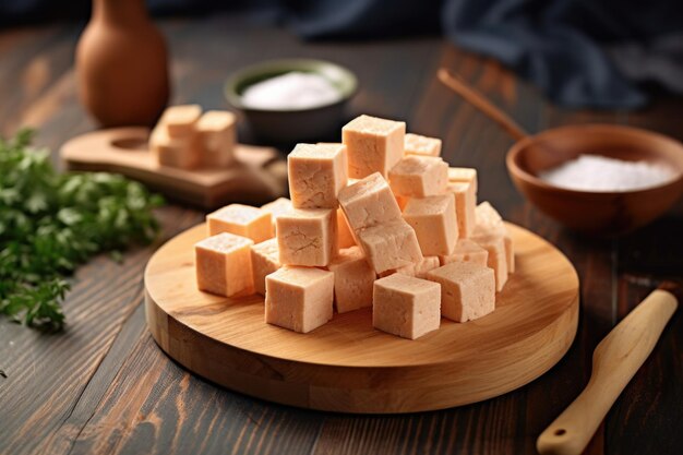 Fresh tofu cubes on wooden board kitchen background