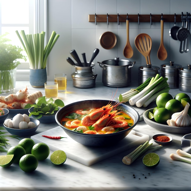 Fresh Tom Yum Soup with Ingredients on Marble Counter