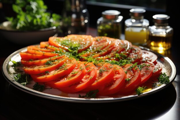 Photo fresh tomato carpaccio with parmesan and olive oil generative ia