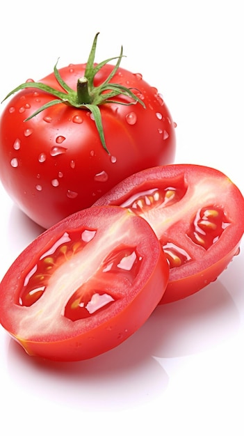 A fresh tomato cut into two halves
