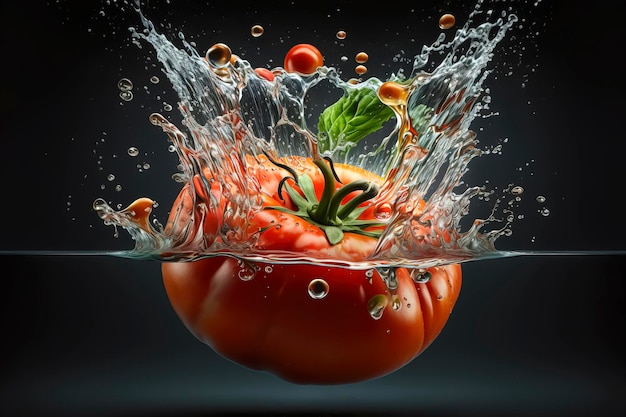 fresh tomato falling into bowl of water, health and healthy life concept. created with Generative AI technology