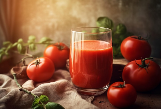 Fresh tomato juice and fresh tomatoes on rustic background