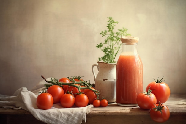 Fresh tomato juice and fresh tomatoes on rustic background