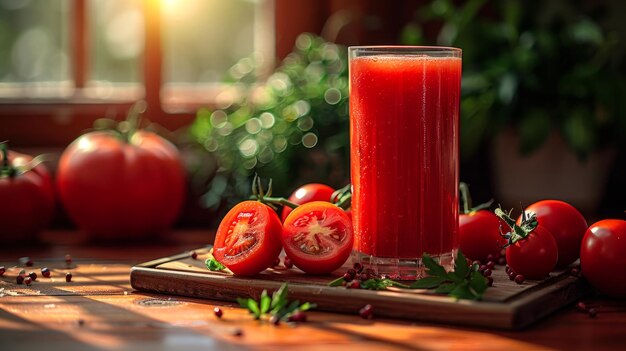 Photo fresh tomato juice in a glass with ripe tomatoes on a wooden board