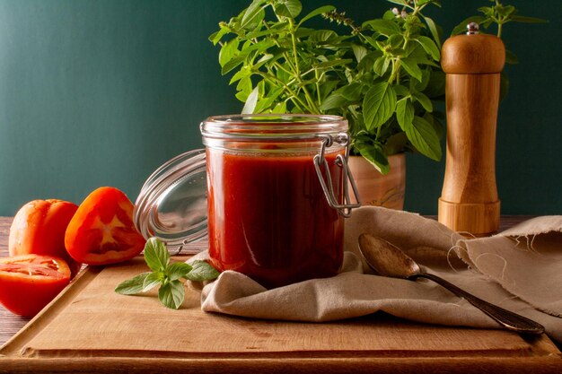 Fresh Tomato Sauce in a Glass Jar in a wooden table and a green background in front view