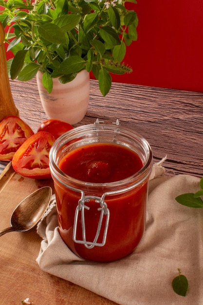 Fresh Tomato Sauce in a Glass Jar in a wooden table and a red background in front view