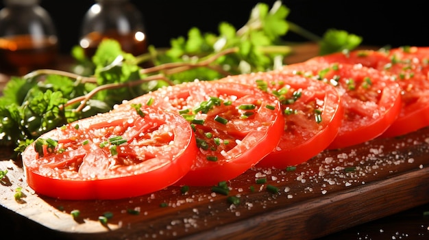 나무 테이블에 있는 신선한 토마토 슬라이스 건강한 홈메이드 이탈리안