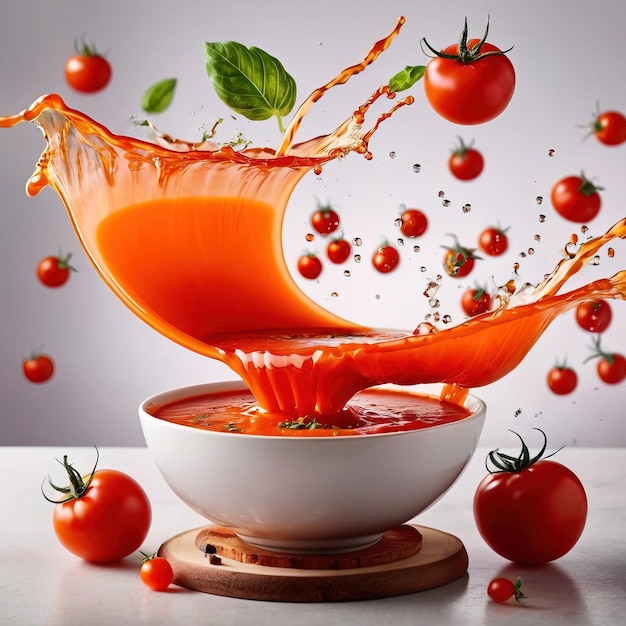 Fresh tomato vegetable soup with liquid splash effect