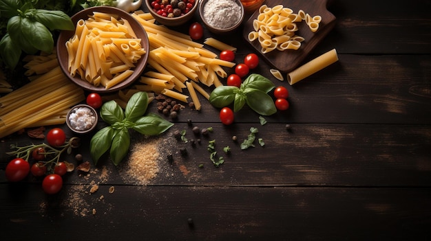 Fresh Tomatoes Basil and Pasta on Dark Rough Background Vibrant Colors and Authentic Feel Ai generated