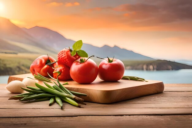 Fresh tomatoes on a board with a sunset in the background