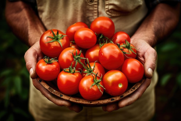 Fresh tomatoes in bowl and in hands