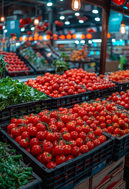 Fresh tomatoes in boxes on the market