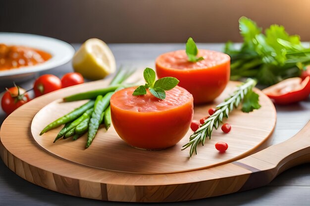 레몬과 파슬리가 위에 있는 커팅 보드에 신선한 토마토.