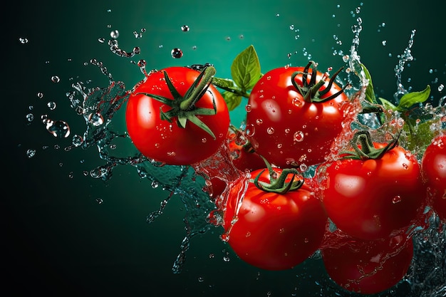 Fresh tomatoes floating with water splashes on bright background