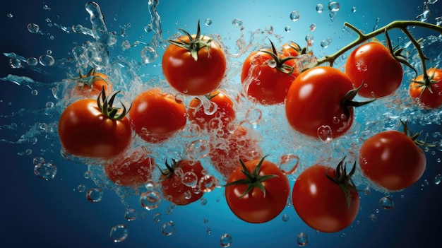 Fresh tomatoes floating with water splashes on bright background