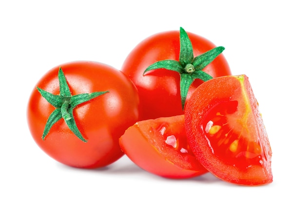 Fresh tomatoes . Isolated on a white surface.