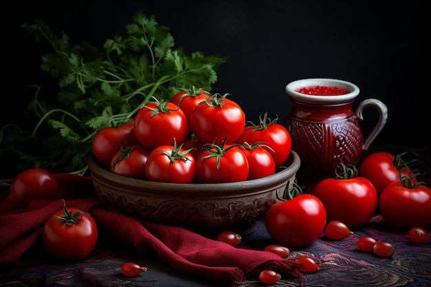 Photo fresh tomatoes and onions beside a bowl of tomato sauce